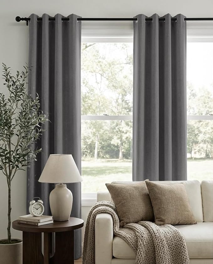 100% Blackout Shield Linen Blackout Curtains for Bedroom, Dark Gray Grommet Curtains for Living Room, Thermal Insulated Room Darkening Drapes for Nursery, Boho Home Decor, 50" W x 102" L, 2 Panels