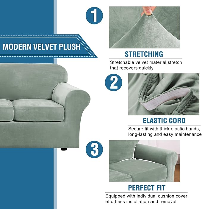 H.VERSAILTEX Velvet 4 Piece High Stretch Sofa Slipcover Cover Furniture Protector Form Fit Luxury Thick Velvet Extra Large Sofa Cover for 3 Cushion Couch Width Up to 105 Inch (XL Sofa, Sea Grass)