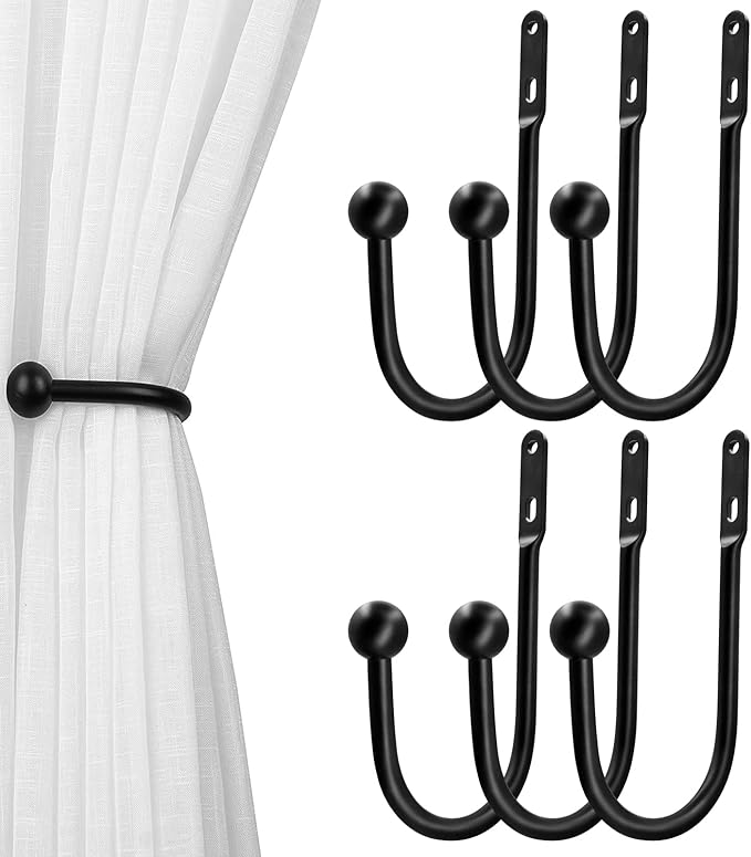 VRSS Wall Mount Curtain Tiebacks Drapery Holdbacks Curtain Holdback Hooks 6" L x 3" W Simple Style (6pcs Black)