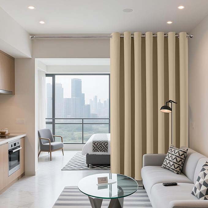 Joydeco Blackout Patio Sliding Door Curtains 84 Inches Long, Grommet Privacy Room Divider Curtains, Extra Wide Thermal Blackout Drapes for Bedroom Living Room (Light Beige, 60Wx84L, 1 Panel)