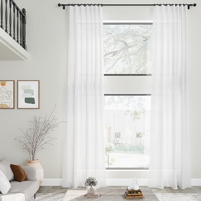 Nanspring White Linen Curtains Extra Long Back Tab Curtains 137 Inches Long for Living Room Farmhouse Light Filtering Semi Sheer Linen Drapes Ceiling to Floor for Large Window 2 Panels Set 52x137