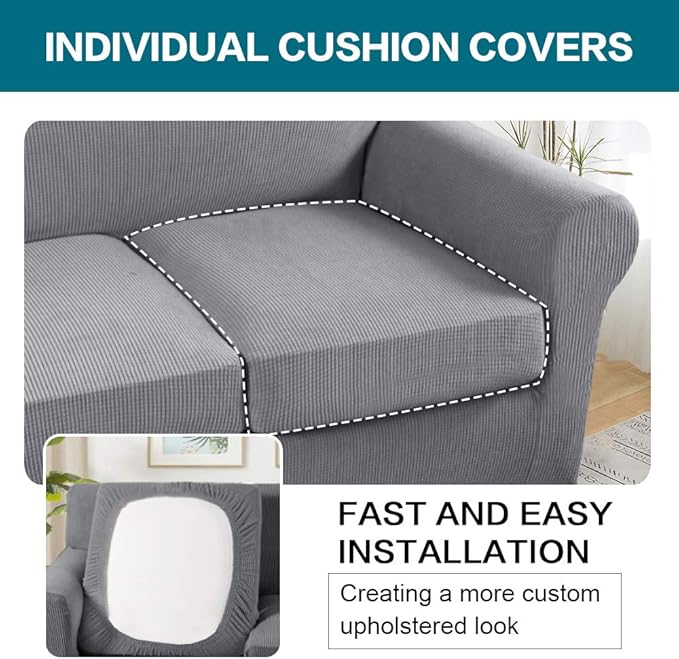 Turquoize 4 Piece Sofa Covers for 3 Cushion Couch Sofa Slipcover Soft Couch Cover for Dogs-Washable Sofa Furniture Covers with 3 Individual Large Cushion Covers (XL Sofa, Dove)