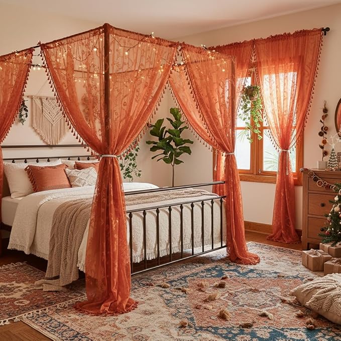 WAZZIO Boho Lace Curtains 102 Inch 2 Panels -Vintage Sheer Panel Drape Floral Pattern & Tassel Light Filtering Privacy for Bedroom Dining Living Room,Cottage Earthy Full Decor Terracotta,W52 x 102L