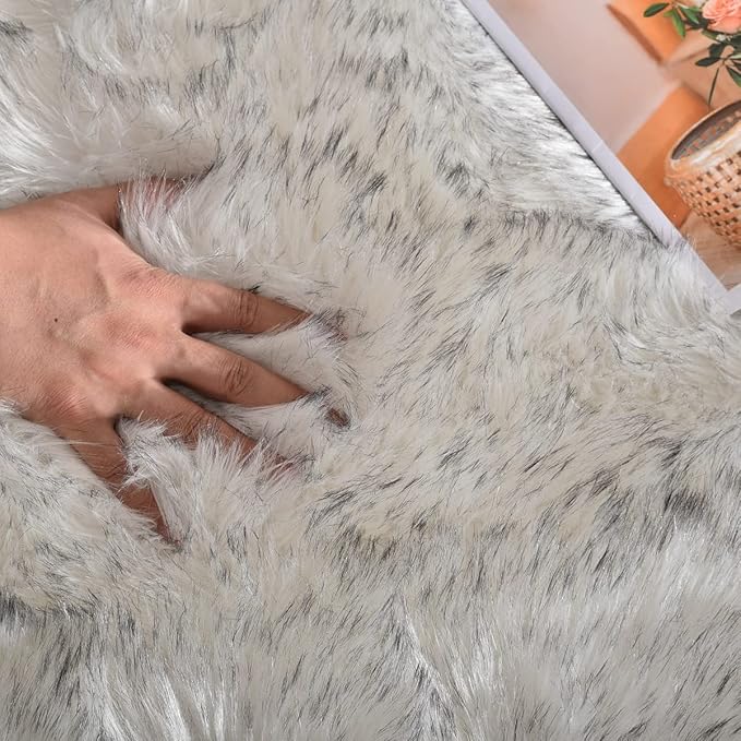 ORINOVA White and Grey Rug 8x10 Area Rugs for Living Room Machine Washable Shag Faux Sheepskin Furry Fur Rug Large Nursery Rectangle