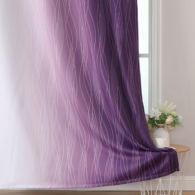 Estelar Textiler Purple and Greyish White Ombre Blackout Curtains 90 Inch Length 2 Panels Set,Thermal Insulated Drapes for Bedroom,Full Room Darkening Grommet Gradient Curtains for Living Room,52Wx90L