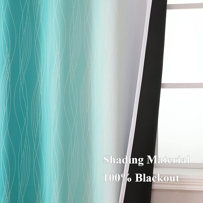 Estelar Textiler Full Room Darkening Greyish White and Teal Blackout Curtains 96 Inch Length 2 Panels Set, Ombre Thermal Insulated Full Light Blocking Grommet Gray Blackout Drapes for Bedroom, 52Wx96L