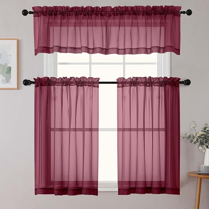 Burgundy Valances for Windows, Burgundy Sheer Curtains 14 Inch Length 2 Pack Kitchen Drapes, Modern Solid Mini Small Window Curtains for Cafe Bathroom Basement, 42" Wx14 L Inches