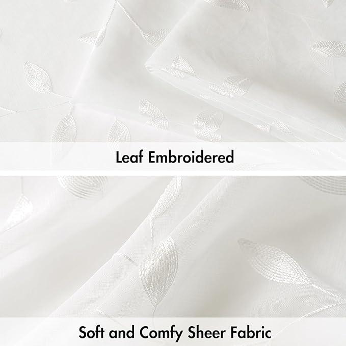 MIULEE Ivory Sheer Curtains 2 Panels Embroidered Leaf Patterned Rod Pocket Floral Semi Sheer Faux Linen Window Curtains Drapes Set for Living Room Bedroom Dining Room, 52x84 Inches Long