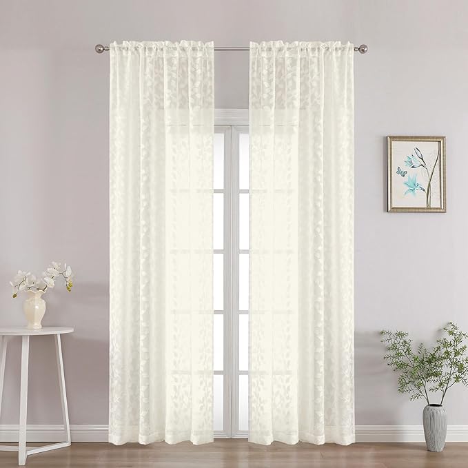 Chyhomenyc Ivory Sheer Curtains 90 Inch Length 2 Panels Set, Light Filtering Tufted Textured Soft Airy Rod Pocket Gentle Leaf Window Treatment Drapes for Bedroom Living Room, 42" Wx90 L, 2PCS