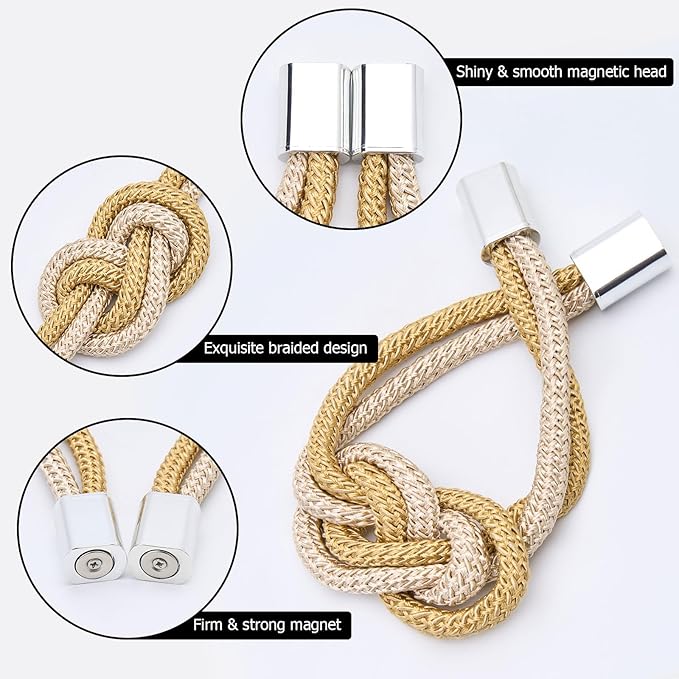 NICEEC 4 Pack Mini Magnetic Curtain Tiebacks Nordic Simple Style Drape Tie Backs Elegant Hand Weave Rope Knot Decorative Curtain Holdbacks for Home & Office Thin Window Drapery (Gold & Beige)