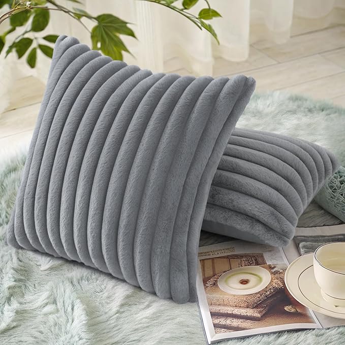 decorUhome Cozy Faux Fur Throw Pillow Covers 22x22 Set of 2 Decorative Soft Plush Striped Modern Farmhouse Boho Couch Euro Sham Pillow Cases with Velvet Back for Sofa Bed Living Room, Grey