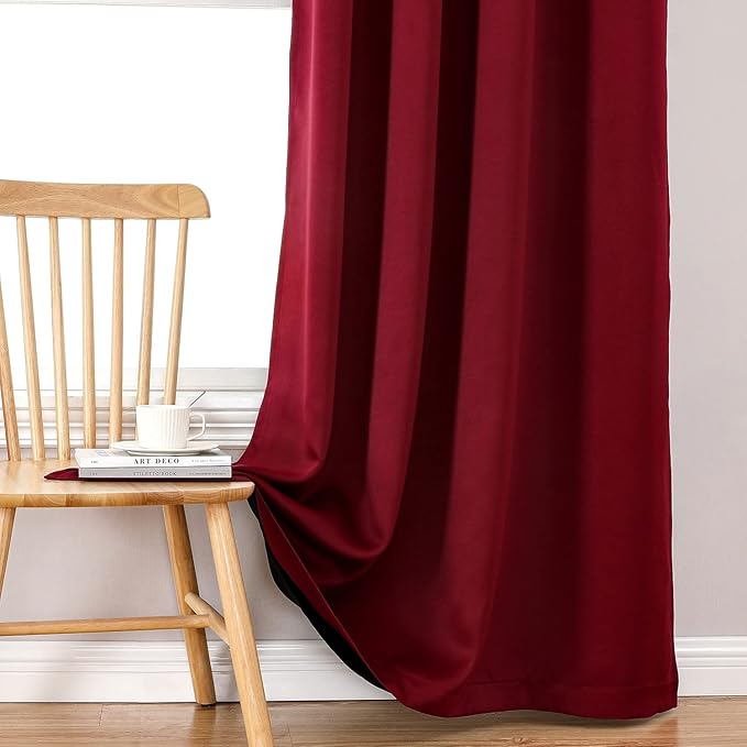 ChrisDowa 100% Blackout Curtains 63 inch Long for Bedroom with Black Liner, Extra Wide 2 Thick Layers Total Blackout Thermal Insulated Grommet Window Curtains 2 Panels Set (Burgundy, 60 x 63 Inch)