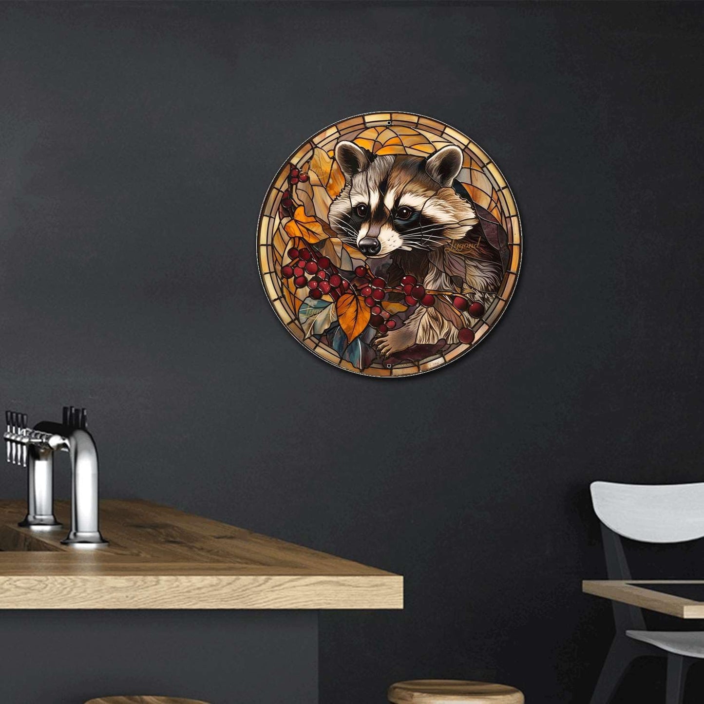 Lygond Metal Sign Tin Sign Circular Stained Glass Raccoon Minimalist Wall Art for Garage 8×8 Inches