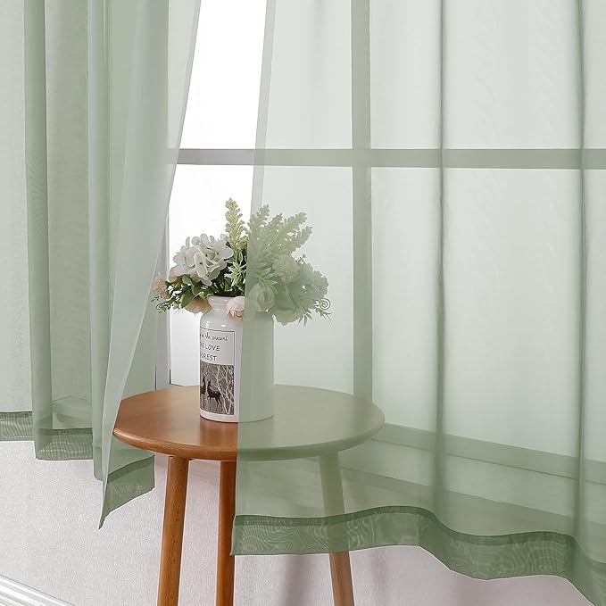 Lecloud Sage Green Sheer Curtains 63 Inch Long 2 Panels, Elegant Voile Drapes for Dinning Small Windows, Light Filtering Voile Curtain for Living Room Bedroom Bathroom, Dual Rod Pocket, 40" Wx63 L