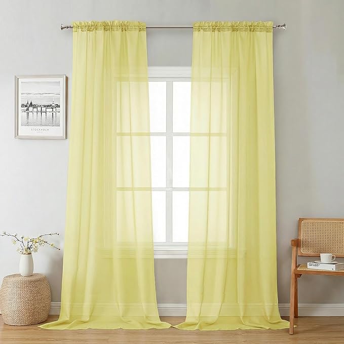 Lecloud Goose Yellow Sheer Curtains 96 Inches Long 2 Panels, Rod Pocket Light Filtering Window Curtains for Living Room Bedroom Dining Room, Voile Airy Balcony Drapes, Each Panel 42" W x 96" L