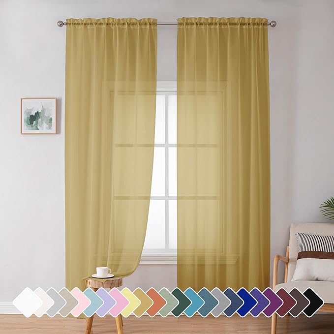 Simplebrand Gold Sheer Curtains 72 Inches Long 2 Panels for Living Room, Rod Pockets Airy Window Treatments Voile Sheer Curtains Panels Lightweight for Front Back Patio Glass Door, 42" Width