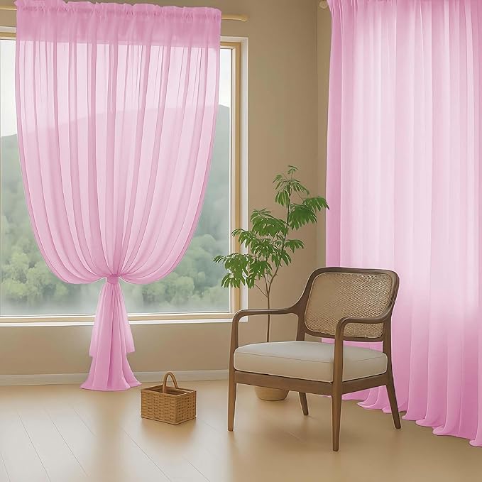 Light Pink Sheer Curtains for Window 96 Inches Long 2 Panels, Soft Airy Light Filtering Voile Sheer Curtains for Living Room Bedroom, Dual Rod Pocket Elegant Window Drapes, 2x42Wx96L Inches