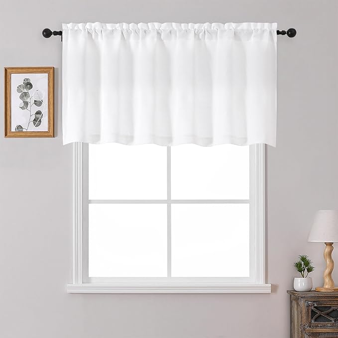 OWENIE White Valances for Windows 1 Pcs 24 Inch Length, Light Filtering Textured Short Small Valance Curtains for Bathroom Basement Living Room Bedroom, Half Window Curtains Over Sink, 60" W by 24" L