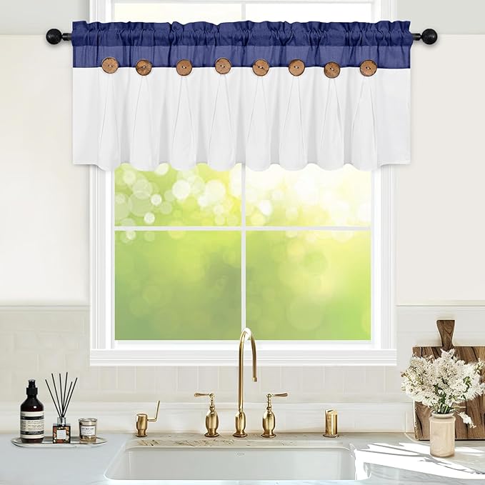 FRAMICS Farmhouse Valance Curtains, Boho Cotton Linen Kitchen Valances, Navy Blue Rustic Button Window Valance for Kitchen Bathroom Bedroom, Country Rod Pocket Valances for Windows, 52 x 18 Inch