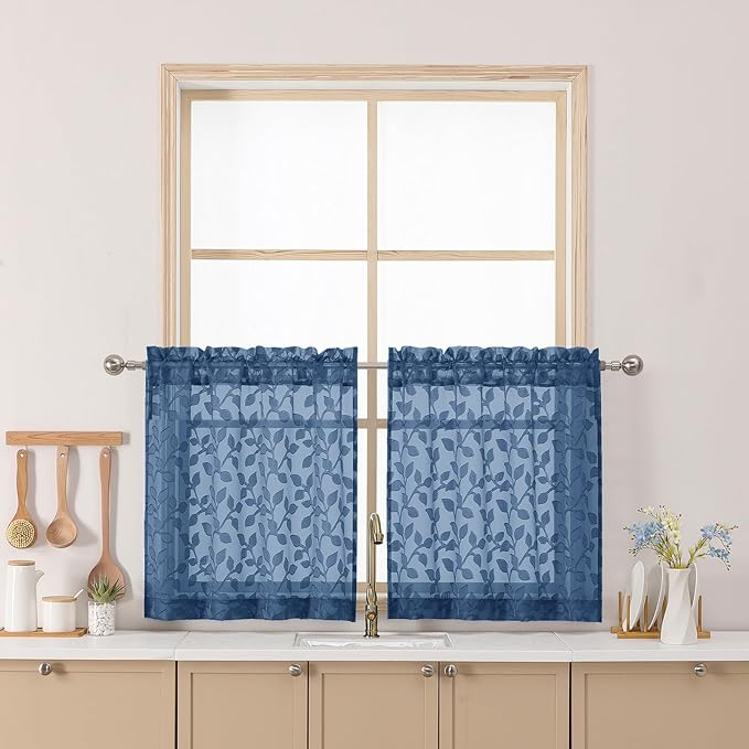 Chyhomenyc Dusty Blue Sheer Curtains 24 Inch Length, Light Filtering Leaf Tufted Textured Small Window Kitchen Curtain Over Sink, Short Half Window Curtains for Bathroom Basement, 30"Wx24"L, 2 Panels