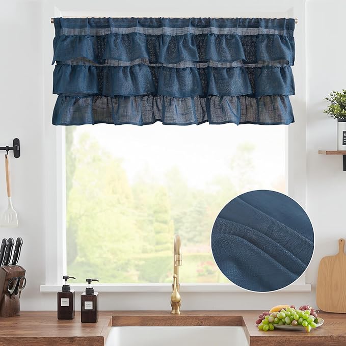 jinchan Ruffled Valance Curtain Slubbed Crossed Kitchen Valance Vintage Shabbychic Style for Living Room Small Windows 18 Inch Cottagecore Farmhouse Half Window Rod Pocket 1 Panel Navy Blue