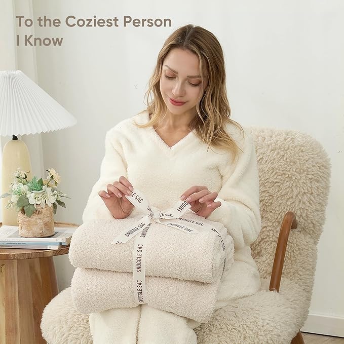 Snuggle Sac Buttery Ivory Throw Blanket for Couch, Reversible Super Soft Knitted Blankets, Warm Cozy Knit Fuzzy Plush Lightweight Throws Dupes for Sofa, Bed, Picnic, Ivory, 50 x 60 inches