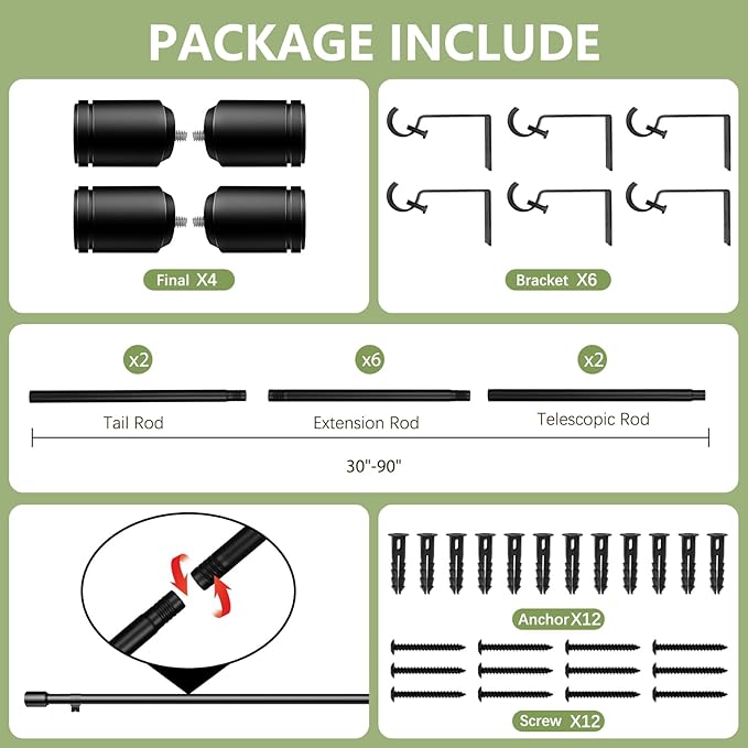 5/8” Diameter Curtain Rods 30-90 Inch, for 30-84 Inch Windows, Adjustable Splicing Black Curtain Rods for Windows with Brackets, Window Rod Long Small Curtains Rod, 2 Pack