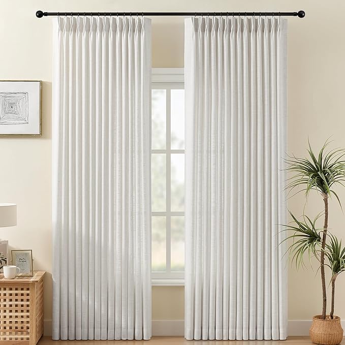 Pinch Pleated Sheer Curtains 84 Inches Long for Living Room, Linen Blend Curtain Rustic Textured Light Filtering Back Tab Drapes with Hook Rings for Bedroom Office, Beige White, W40xL84, 2 Panels
