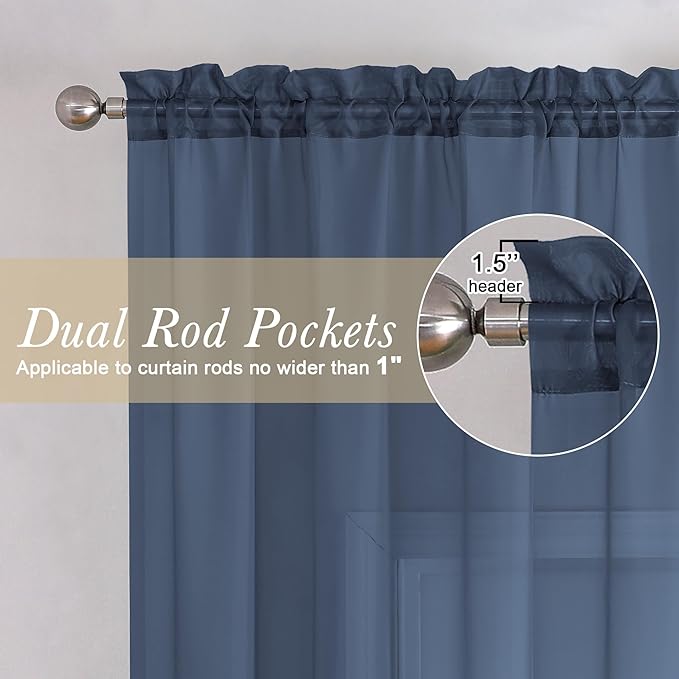 Lecloud Navy Blue Sheer Curtains 108 Inches Long 2 Pcs, Rustic Farmhouse Dual Rod Pocket Window Curtains for Living Room, Bedroom Decor Light Filtering Soft Airy Drapes, Each Panel 59" W x 108" L