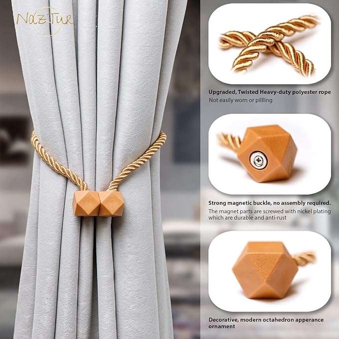 NazTur Magnetic Curtain Tiebacks- Upgrade 2022 with a Thicker Twist Rope & Strong Magnet Tieback Window Treatment Holdbacks Draperies Holders Decorative Drape Handmade Tie Back (Gold, 2)