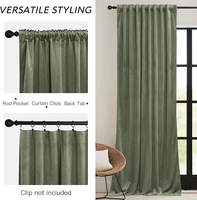 RYB HOME Extra Long Velvet Curtains 120 inches Long, High Ceiling Curtains for Living Room Bedroom Sliding Glass Door, Sage Green, W 52 x L 120, 2 Panels Set