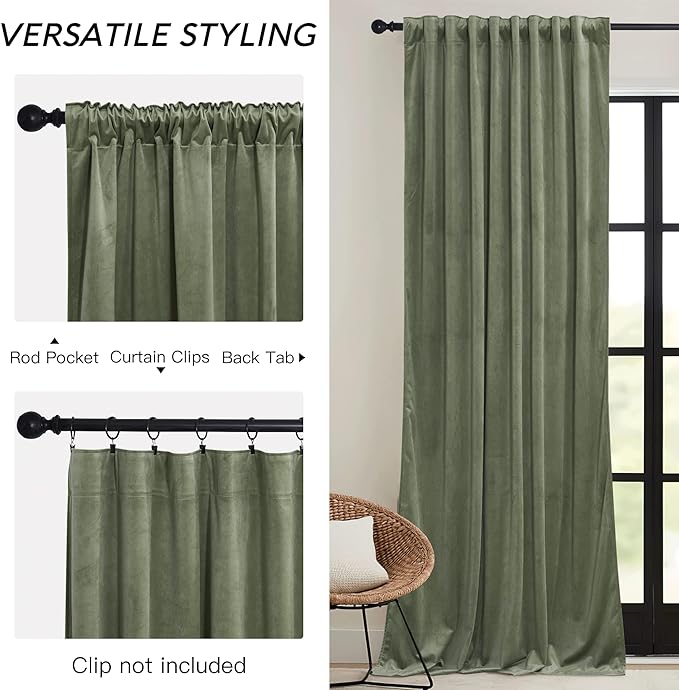 RYB HOME Sage Green Velvet Curtains 84 inches, Room Darkening Super Soft Velvet Drapes with Pleat Tape for Living Room, Thermal Insulated Window Treatment for Bedroom, W52 x L84 inch, 2 Panels