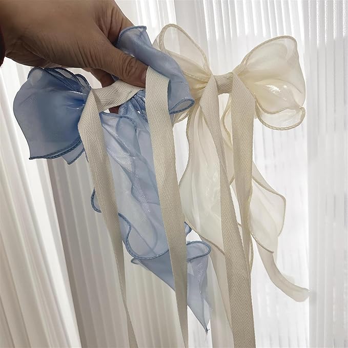2 Pack French Silky Bow Curtain Tiebacks, Elegant Lace Ribbon for Curtains Decorative Rope Accessories Home Décor (White,2)