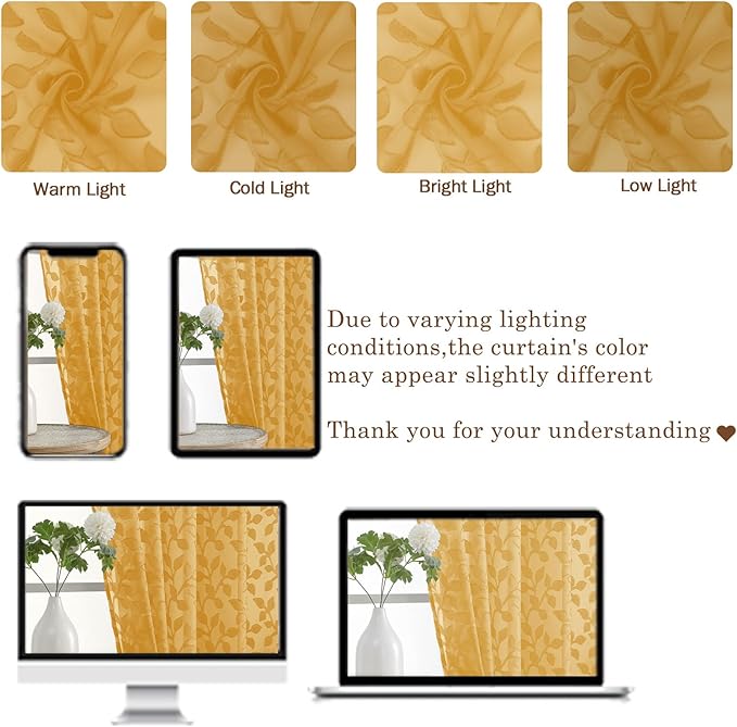 Chyhomenyc Gold Sheer Curtains 54 Inch Length for Living Room 2 Panels Set, Light Filtering Tufted Textured Soft Airy Rod Pocket Leaf Window Treatment Drapes for Bedroom, 42" Wx54 L, 2PCS