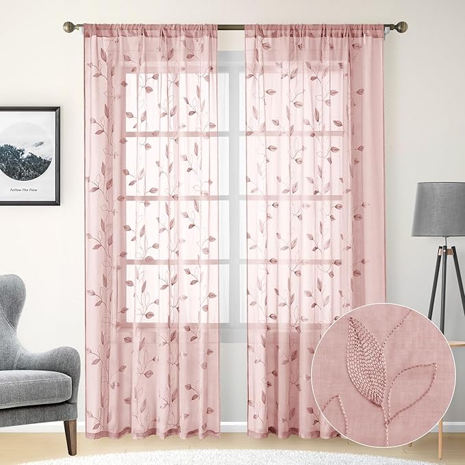 HOMEIDEAS Blush Pink Floral Sheer Curtains 96 Inches Long 2 Panels Embroidered Pattern Semi Sheer Window Drapes for Bedroom Living Room