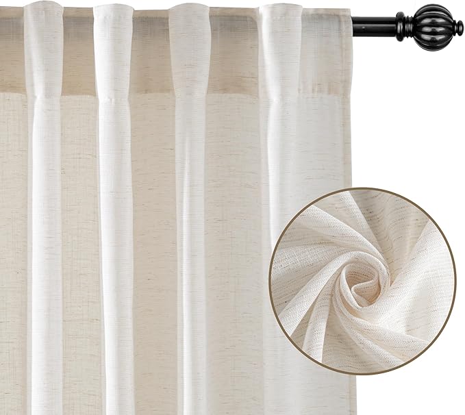 RYB HOME Sheer Linen Curtains Extra Long Light Airy Privacy Protected High Ceiling Window Curtains for Bedroom Living Room, Rod Pocket & Back Tab, Ivory, W 52 x L 120 inch, Set of 2