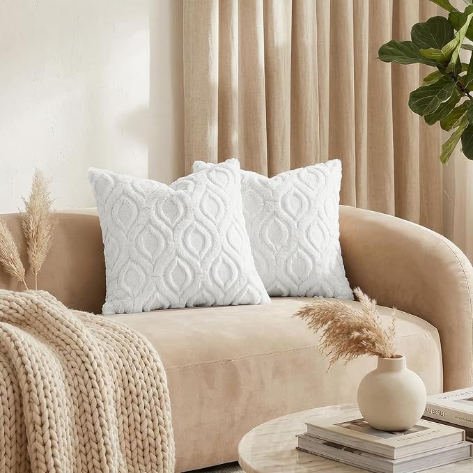 decorUhome Throw Pillow Covers 22x22 Inch Set of 2, Soft Plush Faux Wool White Solid Couch Pillow Covers, Accent Euro Sham Farmhouse Neutral Square Pillow Cases for Sofa Bed Living Room