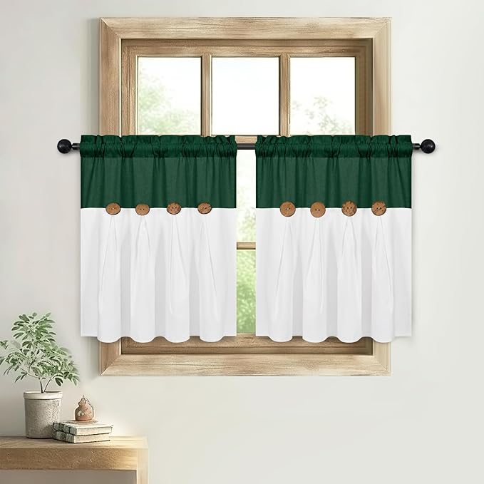 FRAMICS Boho Kitchen Curtains 24 Inch Length, Farmhouse Cotton Linen Tier Curtain, Rustic Button Short Curtains for Windows, Green Country Cafe Drapes, Rod Pocket, Green and White, 26x24