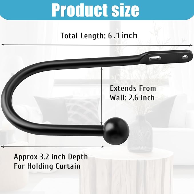 VRSS Wall Mount Curtain Tiebacks Drapery Holdbacks Curtain Holdback Hooks 6" L x 3" W Simple Style (2pcs Black)