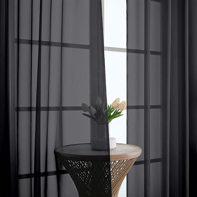 OWENIE Sheer Black Curtains, Sheer Curtains 63 inch Length 2 Panels Set, Rod Pocket Voile Fimly Sheer Drapes for Living Room Bedroom, 2pcs, Black, Each 59" W x 63" L