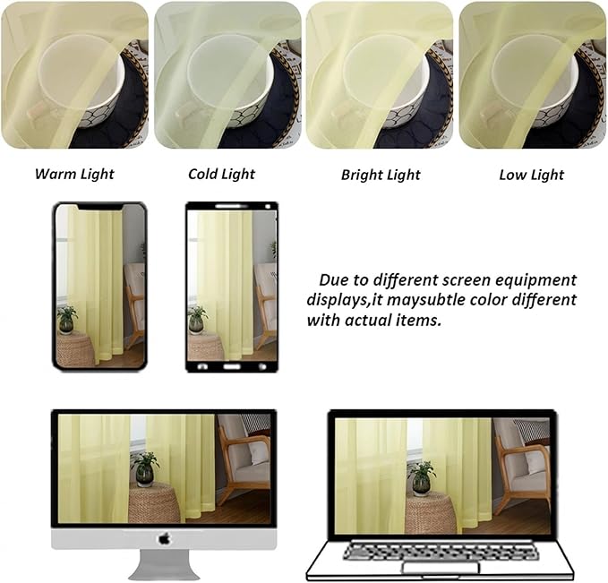 Chyhomenyc Sheer Curtains 54 Inch Long 2 Panels Set - Light Filtering Short Soft Airy Short Cafe Curtains, Modern Rod Pocket for Dinning Living Room Bedroom, 42Wx54L Inch, Light Yellow
