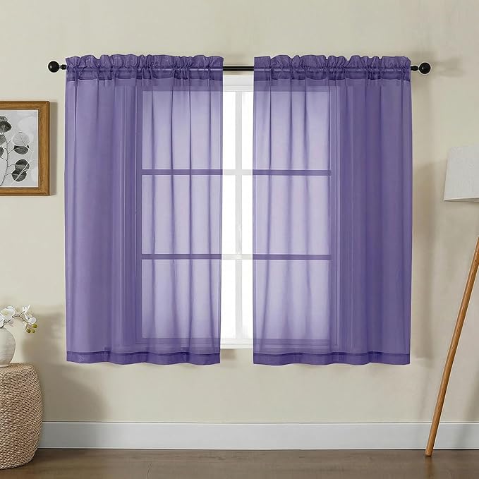 Gwine Sheer Curtains for Living Room 45 inch Length - Light Filtering Voile Window Curtain Panels for Bedroom, Soft Rod Pocket Sheer Curtain Drapes, Each 42Wx45L, 2 Panels, Purple