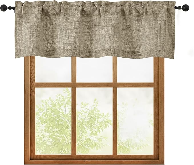 OWENIE Brown Valances for Windows 1 Pcs, Light Filtering Textured Farmhouse Short Small Valance Curtains for Bathroom Basement Living Room Bedroom, Rod Pocket Half Curtains Over Sink, 52Wx14L Inch