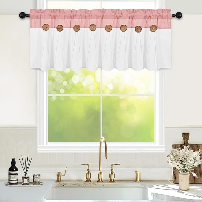 FRAMICS Farmhouse Valance Curtains, Boho Cotton Linen Kitchen Valance, Pink Rustic Button Window Valances for Kitchen Bathroom, Country Rod Pocket Valances for Window, Pink and White, 52 x 18 Inch