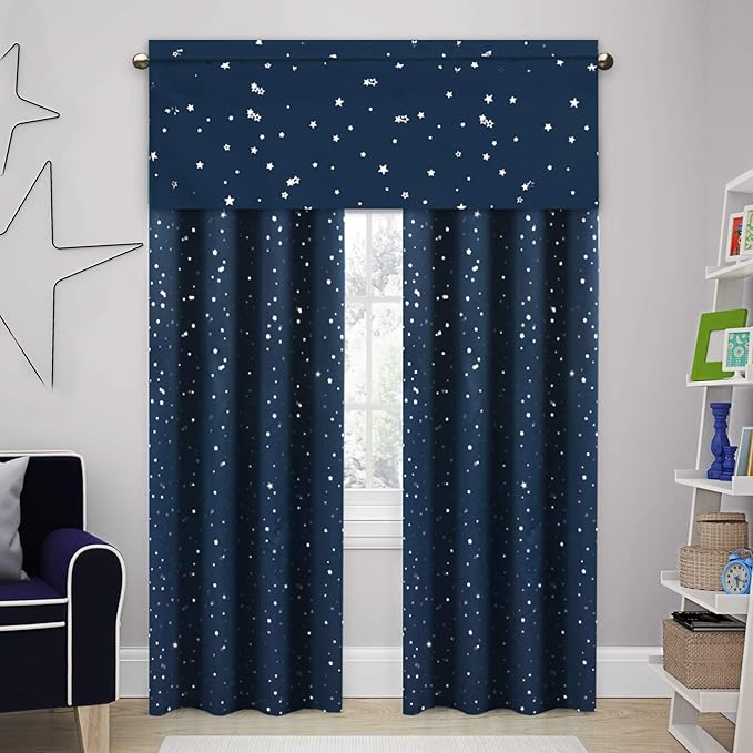 H.VERSAILTEX Blackout Curtain Valances for Kitchen Window/Living Room/Bathroom Privacy Added Rod Pocket Home Decoration Winow Valance, 52" W x 18" L, Glitter Stars in Navy Base (Pack of 4)