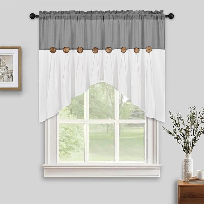 FRAMICS Farmhouse Swag Curtain, Boho Cotton Linen Valance Curtain, Grey Rustic Button Window Valance for Kitchen Bathroom Bedroom, Country Rod Pocket Valances for Windows, Grey, 52 x 36 Inch