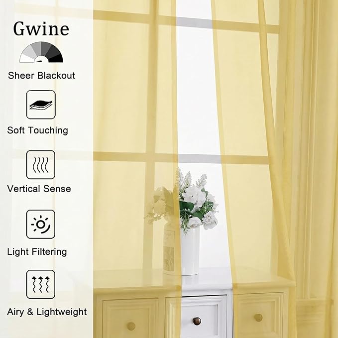 Gwine Short Kitchen Sheer Curtains 36 Inch Length - Light Filtering Voile Small Half Window Curtain for Basement, Rod Pocket Cafe Curtains for Bathroom Cabinet, 42Wx36L Inch, 2 Panels, Yellow