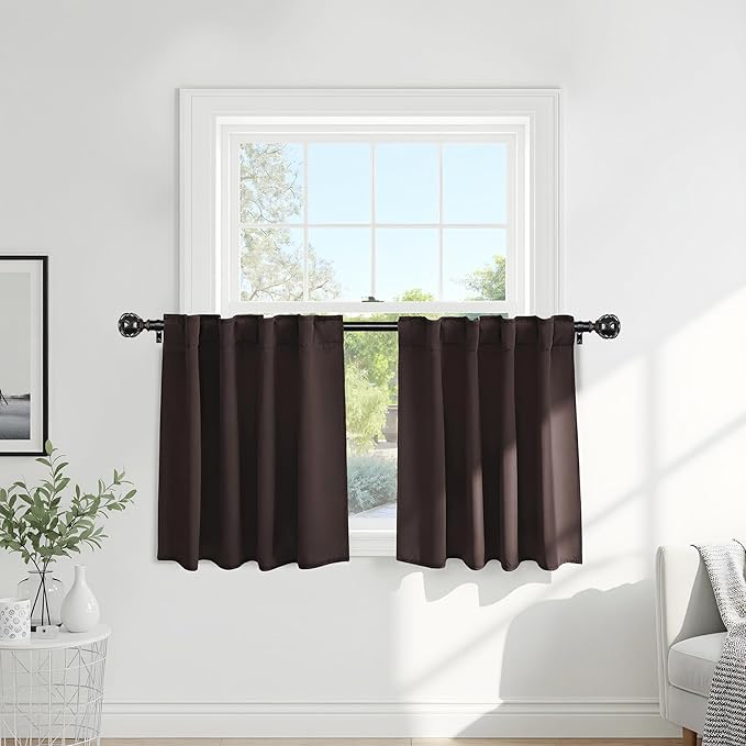 Pony Dance Short Length Curtains for Kitchen, Solid Half Window Curtain Tiers for Bathroom Energy Saving Privacy Shade for RV Camper (2 Panels,Brown, 34x36 Inch)