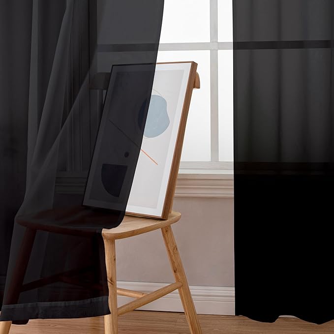 Simplebrand Black Sheer Curtains, 63" Length, 2 Panels Set - Light Filtering, Rod Pocket Window Curtains for Bedroom (Black, 59" W x 63" L)
