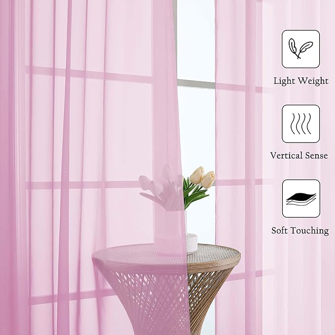 Lecloud Light Pink Sheer Curtains 63 Inch Length 2 Pcs, Dual Rod Pockets Light Filtering Window Curtains for Bedroom, Farmhouse Voile Solid Drapes for Living Room Bathroom, Each Panel 59" W x 63" L
